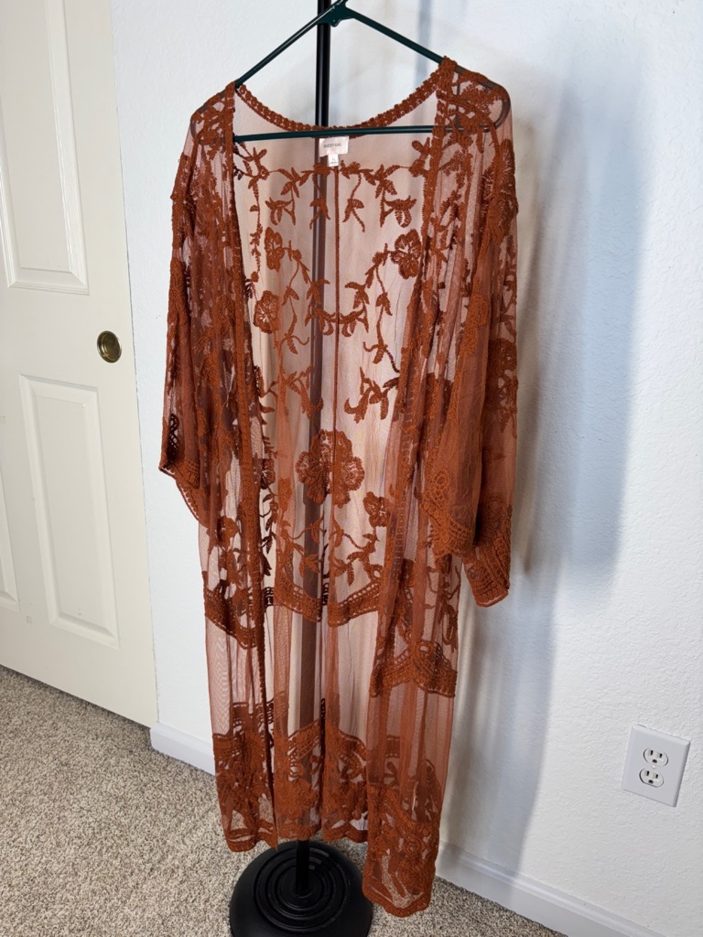 Dizzy Gal Sheer Embroidered Floral Lace Rust Brown Kimono Duster XL - Picture 5 of 12